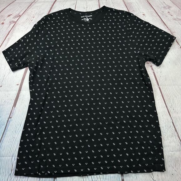 True Religion Shirt Mens XL Black All Over TR Horseshoe Logo Graphic Print Tee - Picture 2 of 9